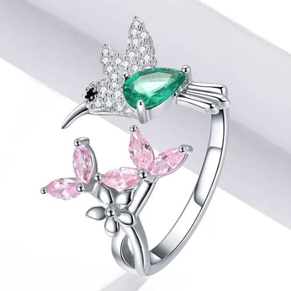 Sterling Silver Hummingbird Ring Adjustable Size 7 CZ Pink Flowers Green Body - Picture 1 of 16